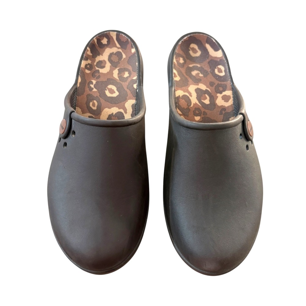 Crocs Womens 10 Tully Clogs Chocolate Brown Leopard Print Interior Slip On Mules